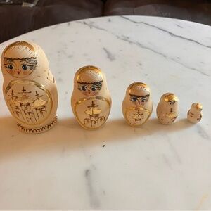 Vintage 5 Piece Hand Painted Wood Burned‎ 3 1/2" Matryoshka Dolls from Russia